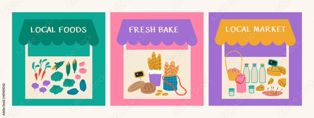 Set of illustrations of the local market. Fair of homemade products. Vegetables and fruits, fresh baked goods, dairy and eggs. Tents for trade in the market.
