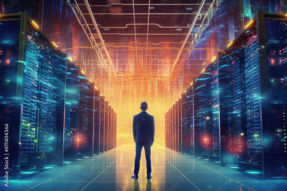man with standing in server room of large data center. Concept of computer engineering and big data in business. Ai generative man with standing in server room of large data center. Concept of computer engineering and big data in business. Ai generative