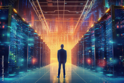 man with standing in server room of large data center. Concept of computer engineering and big data in business. Ai generative
