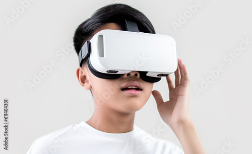Young smiling Asian boy wearing VR glasses real reality headset playing video games on white background
