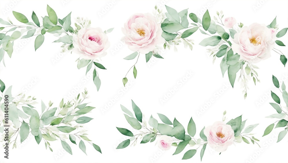 Bouquets and wreath. White flowers, rose, peony, green leaf branches collection. Wedding invites, wallpapers, fashion. Eucalyptus olive leaves chamomile, generative ai - obrazy, fototapety, plakaty 