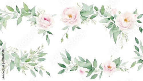 Bouquets and wreath. White flowers, rose, peony, green leaf branches collection. Wedding invites, wallpapers, fashion. Eucalyptus olive leaves chamomile, generative ai