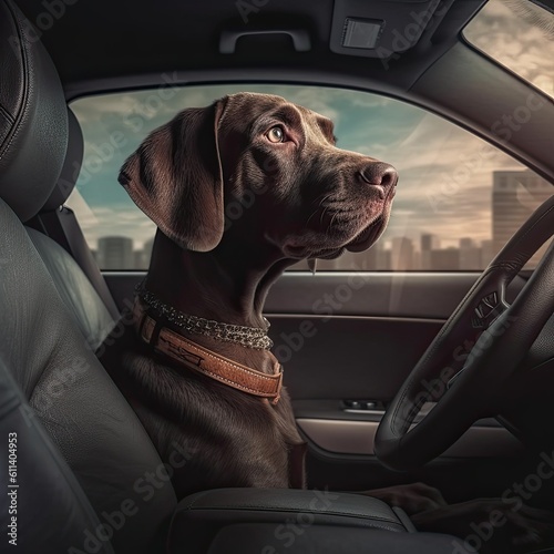 Portrait of a cute dog weimaraner sitting in a car. Generative AI technology