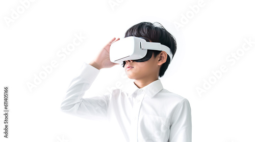 Young smiling Asian boy wearing VR glasses real reality headset playing video games on white background © Andrey_Lobachev