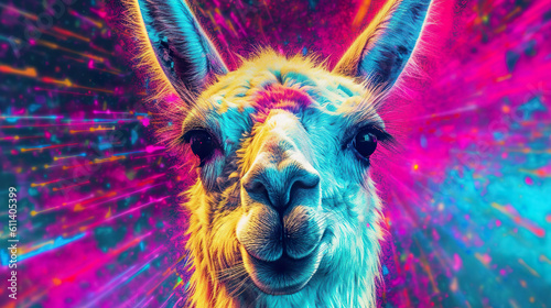 Captivating close-up illustrative image of llama face in glitchcore and surreal. Cool neon party llama not based on any real scenes. Realistic 3D illustration. Generative AI © Vagner Castro