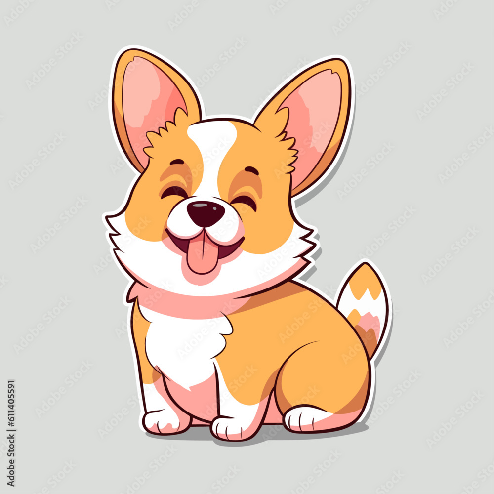 Cute smiling welsh corgi dog vector cartoon flat style illustration isolated sticker on blue background. Element for your card, design, print, chat, sticker etc.