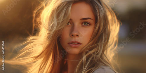 Beautiful Dreamy Blonde Girl In Twilight With Wind In Her Hair created with Generative AI technology 
