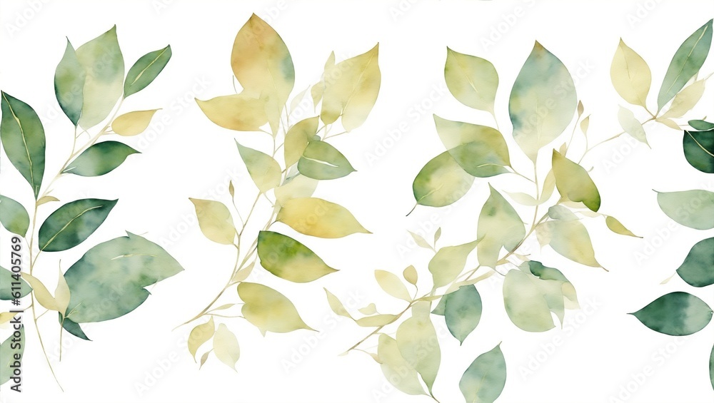 Watercolor floral illustration set - green gold leaf branches collection, for wedding stationary, greetings, wallpapers, fashion, background. Eucalyptus, olive, leaves. Generative ai - obrazy, fototapety, plakaty 
