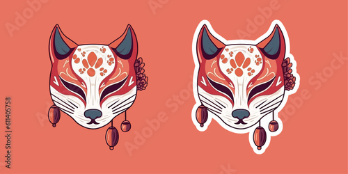 Vector set Cute traditional japanese kitsune mask with sakura flower sticker isolated on white background kabuki, fox, logo icon vector illustration