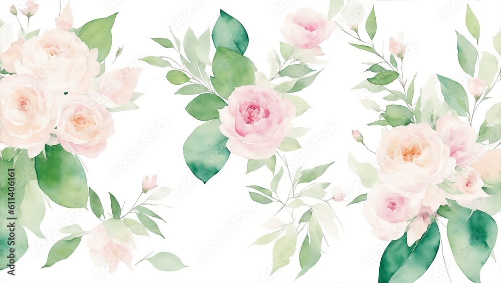 Watercolor floral bouquet, pink peach blush white flowers, leaf branches, for wedding invitations, greetings, wallpapers, fashion, prints. Eucalyptus, olive, rose, peony. Generative ai
