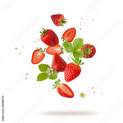 Tela Fresh sweet strawberry berries with flower and leaves flying falling isolated on white background