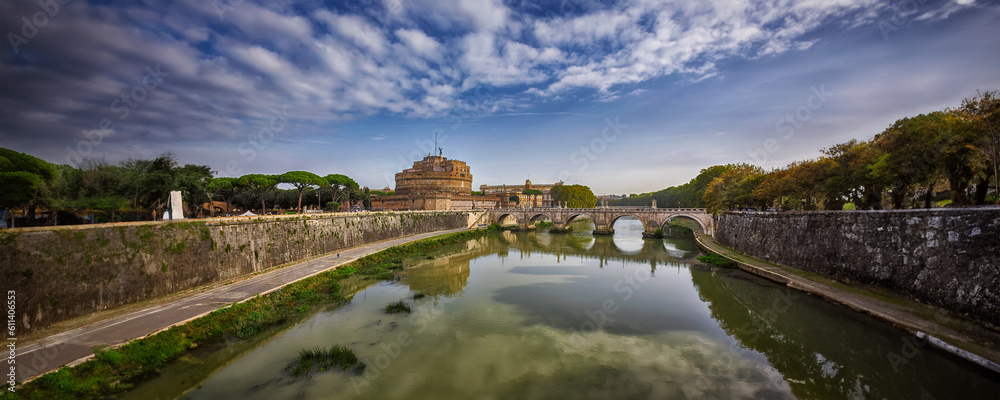 Castel Sant'Angelo, the Mausoleum of Hadrian and Ponte Sant'Angelo along the Tiber River, Rome, Italy