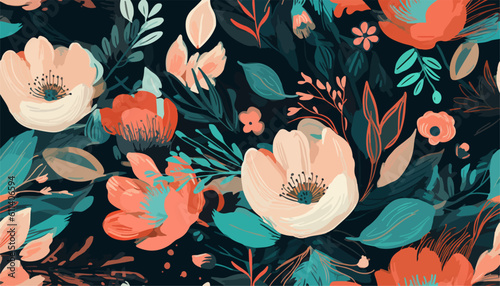 Painted wedding Florals pattern. Hand drawn bright abstract flowers and leaves print. Cute modern cartoon style pattern. Fashionable template for design