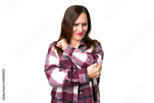 Middle age woman over isolated chroma key background with pain in elbow