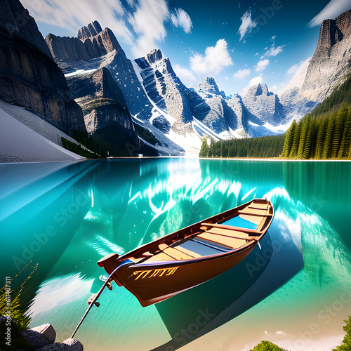 Clear blue mountain lake and huge mountains and rocks. Landscape of Lake Braies. generative AI