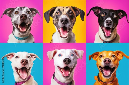 Collage of multiple headshot photos of dogs on a multicolored background of a multitude of different bright colors, shop banner