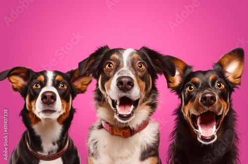 Collage of multiple headshot photos of dogs on a multicolored background of a multitude of different bright colors, shop banner