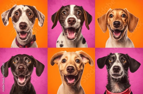 Collage of multiple headshot photos of dogs on a multicolored background of a multitude of different bright colors, shop banner © Lea Ottavi