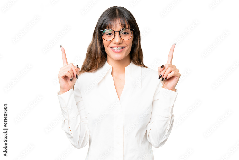 Young caucasian woman over isolated chroma key background pointing up a great idea Young caucasian woman over isolated chroma key background pointing up a great idea