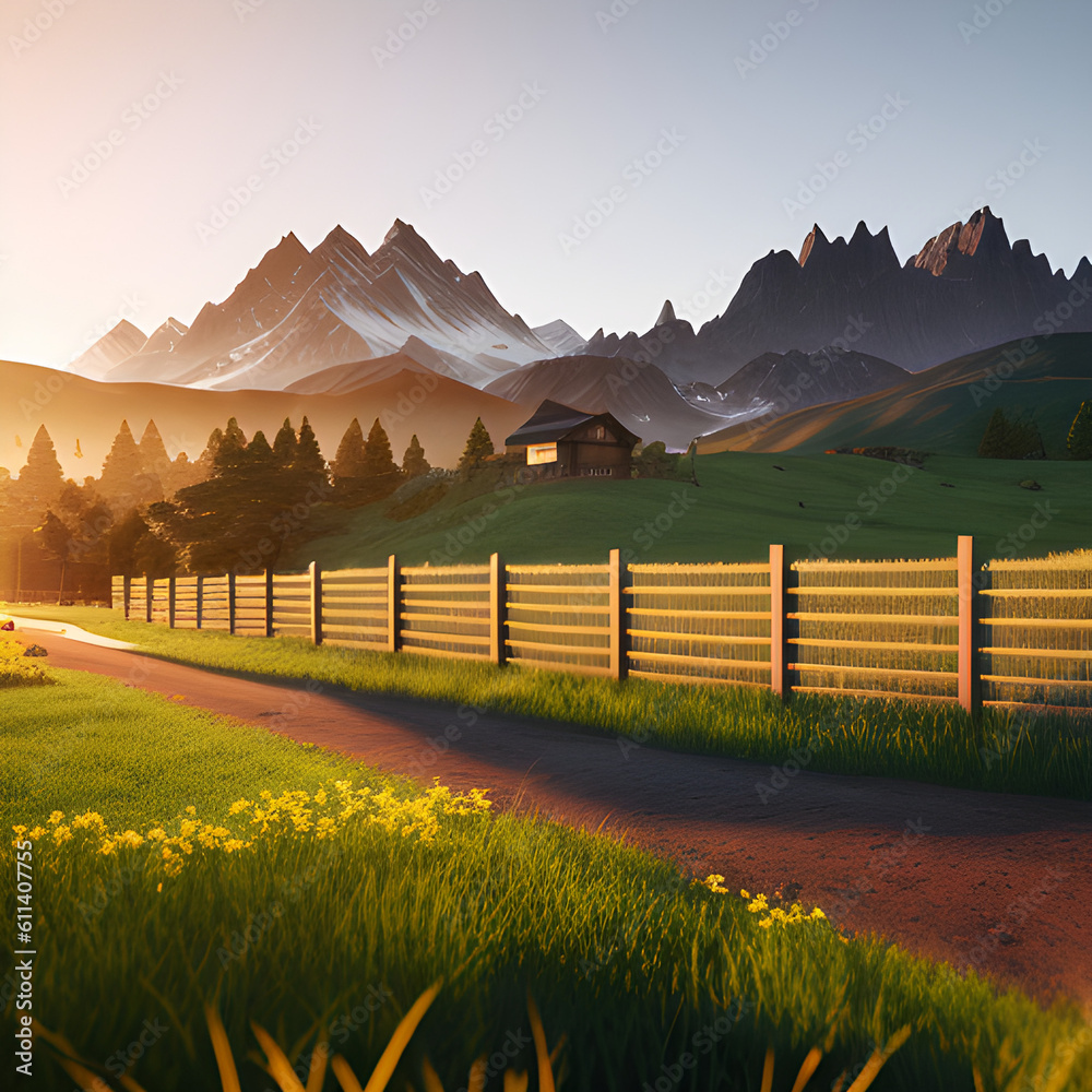 Picturesque landscape with fields and mountains. Fenced ranch at dawn. generative AI