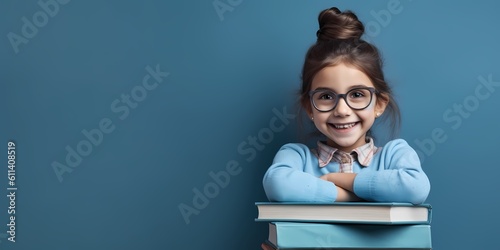 Fotografering little girl smiling on a blue background, school, back to school, education