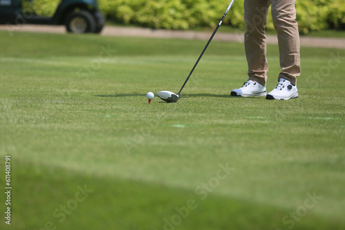 Men are holding golf sticks to hit the ball. Copy space