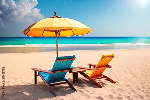Chairs with Umbrella on Beach Generative AI
