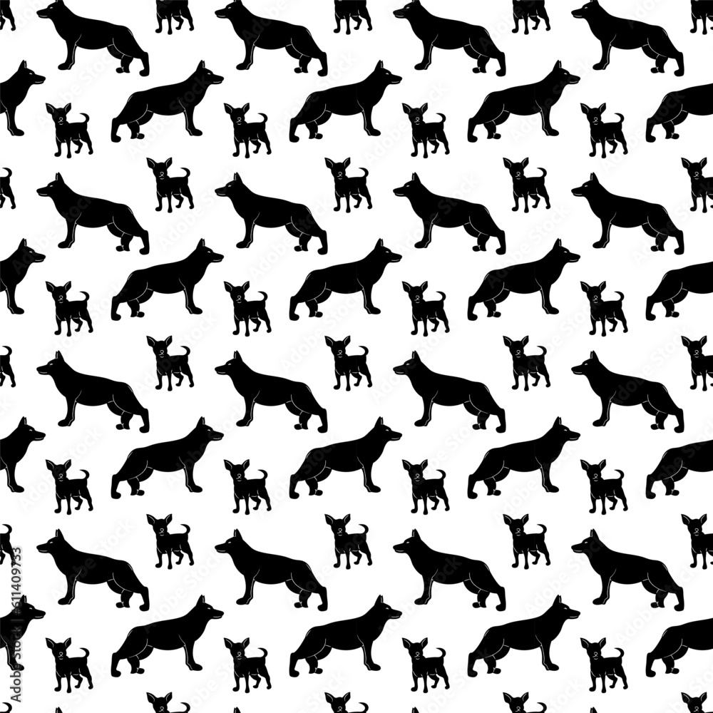 Seamless pattern with german shepherd and chihuahua silhouettes. Doodle black and white vector illustration.