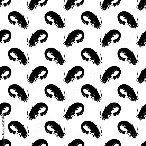 Seamless pattern with catfish silhouettes.  Doodle black and white vector illustration.