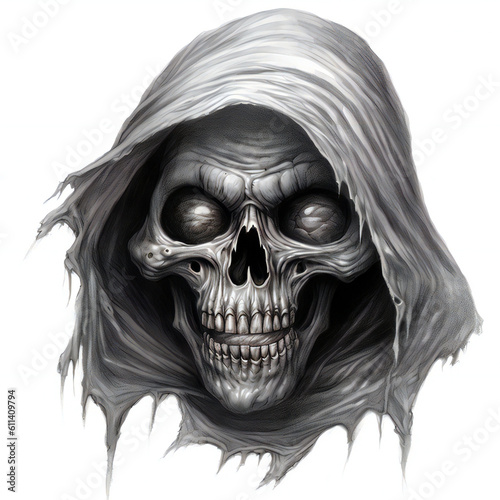 Tattoo design god of Death, Skull in the hood