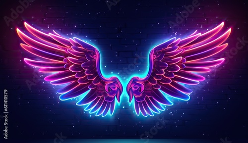 Neon angel wings with pink blue lights, abstract minimalist geometric background, UV spectrum, Cyberspace, futuristic wallpaper  © Yan