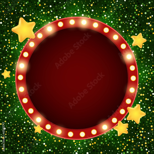 Abstract vector illustration background with shining green confetti and red round sparkle banner