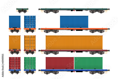 VECTOR EPS10 - various freight car, train cargo wagons, flatbed with container