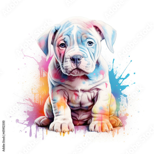 colorful puppy on white background. pet, dog, cute dog painted with multicolored paint. Created with generative AI