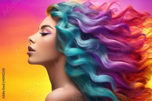 Young woman with colorful long curly hair, bright rainbow colors. Generative AI