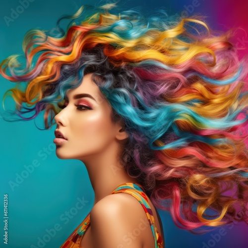 Young woman with colorful long curly hair, bright rainbow colors. Generative AI