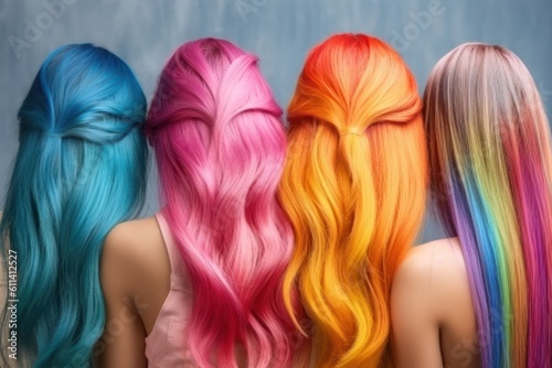 Women with Rainbow colors hairstyle back view  Colorful long hair  Generative AI