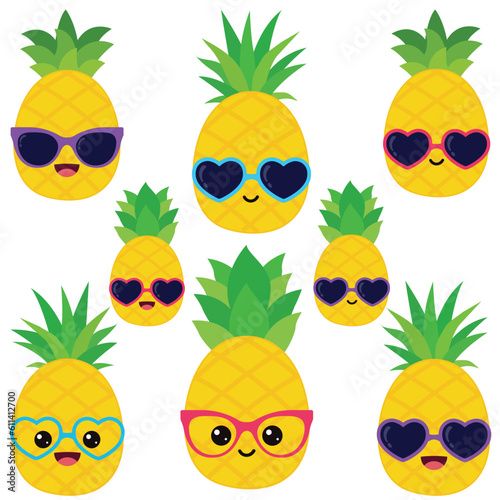 Happy smiling Kawaii cute Pineapple. Vector flat fruit character illustration mascot design. Isolated on white background.
