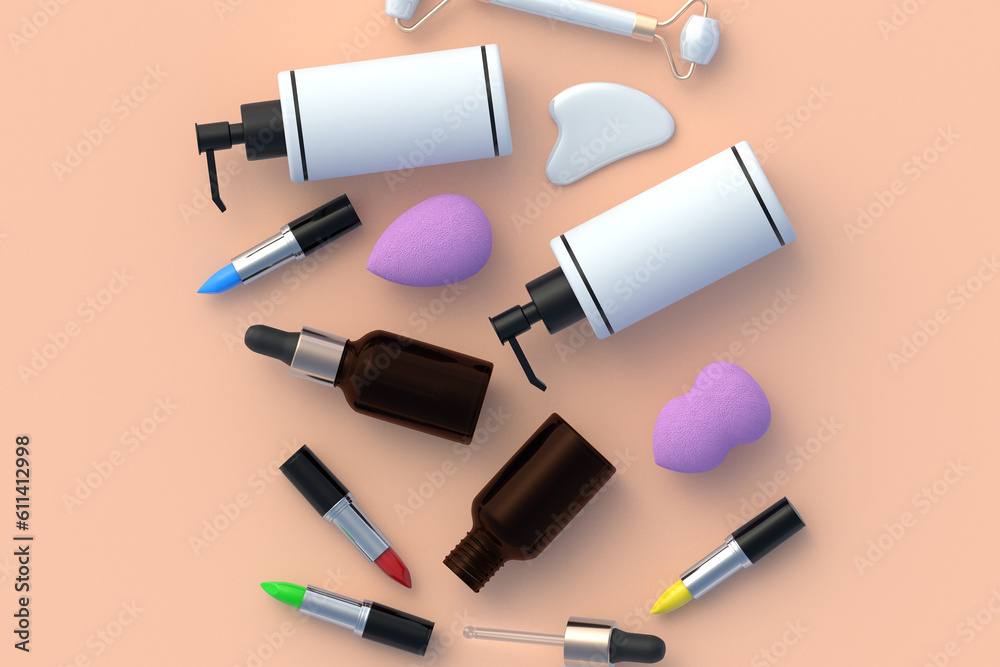 Cosmetic accessories on beige background. Beauty and fashion. Cosmetology products. Top view. 3d render Cosmetic accessories on beige background. Beauty and fashion. Cosmetology products. Top view. 3d render