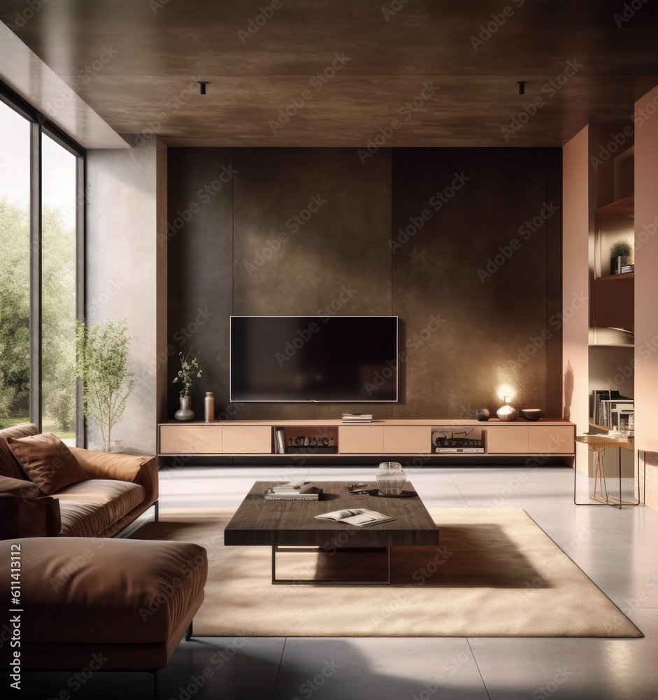 Naklejka premium Detailed View of an Elegant Living Room with Plush Sofa and Television Setup.