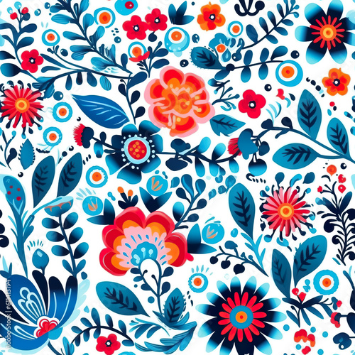 A colorful floral pattern on a white background. Generative AI. Polish folk art.