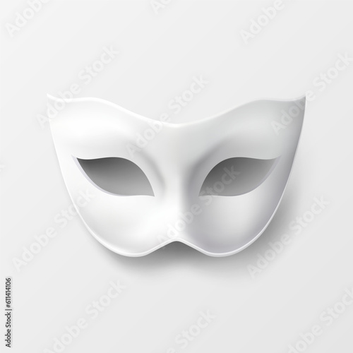 Vector 3d Realistic Blank White Carnival Vintage Mask Closeup Isolated. Mask for Carnival, Party, Masquerade. Design Template for Carnival, Party Ball Concept. Front View