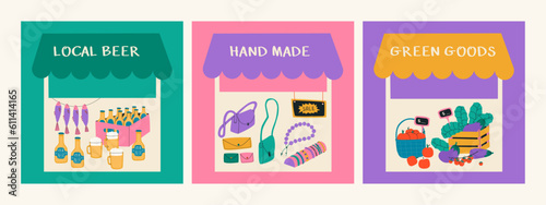 Set of illustrations of local market. Home food fair. Vegetables and fruits, craft beer, leather -haired and jewelry. Tent for trading in the market.