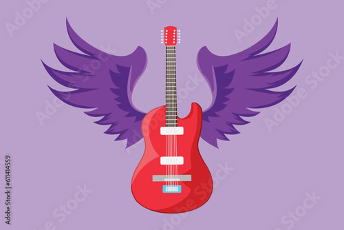 Cartoon flat style drawing rock and roll electric guitar with wings. Vintage label, icon, logotype guitar for musical performance. Rock sign for music festival logo. Graphic design vector illustration