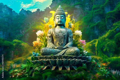 A buddha statue sitting on top of a lush greenery. Generative AI