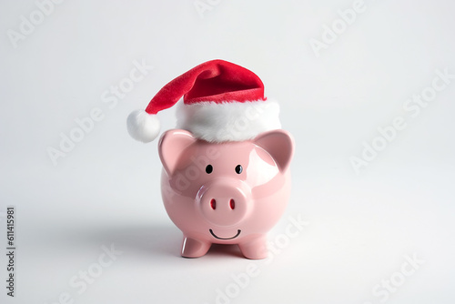 Pink ceramic piggy bank in Santa Clause hat on white background. Christmas holiday shopping saving concept. AI generated