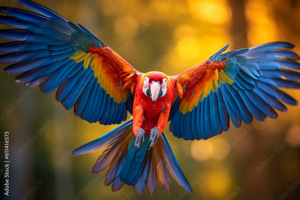 Obraz premium A parrot spreading its wings wide in a colorful display of flight.