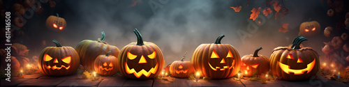 Halloween illustration with a set of yellow pumpkins over mystery forest background with smoke. Spooky pumpkins with scary and smiling faces. Halloween background. Holiday banner. Generative AI