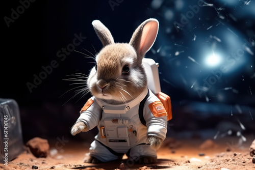 A rabbit in a space suit standing in the dirt. Generative AI. © Friedbert