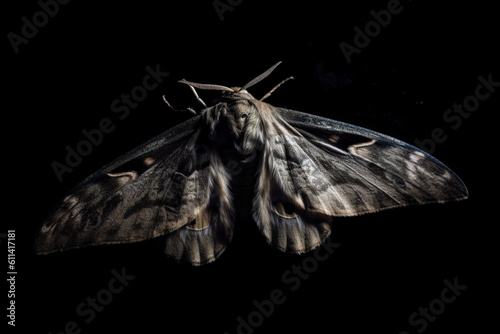 A close up of a moth on a black background. AI generative. photo